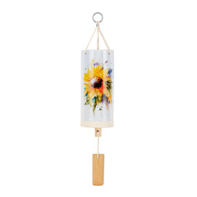 A white tubular ceramic wind chime with a wood chime. There is a watercolor yellow sunflower on the outside.