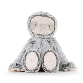 A gray and light pink plush sloth displayed sitting.