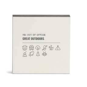 A white square wall art with the saying "RE: Out of Office Great Outdoors" with a set of emoji images related to outdoor adventures.