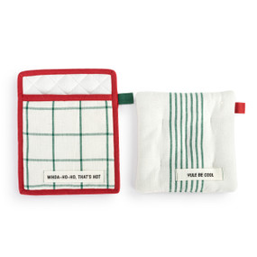 A set of two different hotpads in red, green and white. One has a pocket and says "Whoa-Ho-Ho, That's Hot" and the other is smaller and square and says "Yule Be Cool".
