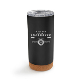 A black cork bottom tumbler with the saying "Welcome to the Boathouse. Dogs float for free"