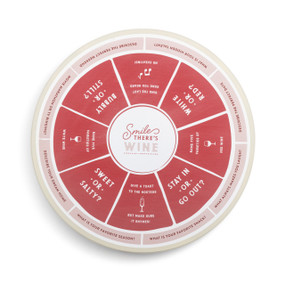 A light and dark pink round lazy susan with a wine theme. The center says "Smile There's Wine" and there are questions and conversations starters all around the board.