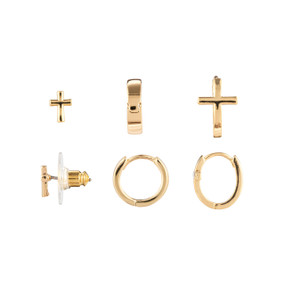 A set of three dainty gold hoop and stud cross earrings.