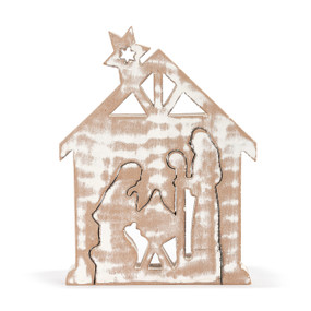 A whitewashed wood nativity with the holy family piece able to nest or sit outside of the stable shape.