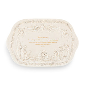 A rectangular cream platter with the Bible verse Isaiah 9:6 in the middle and raised images of the nativity scene around all the edges.