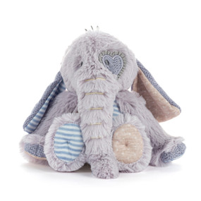 A mini purple and blue plush elephant with a long trunk and floppy ears, displayed sitting.