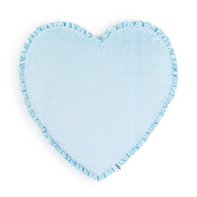 A blue heart shaped blanket with a ruffled blue satin edge.