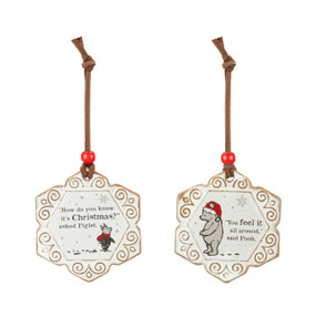 Two ornaments with one meant to share. One has an image of Piglet and says "How do you know it's Christmas?" asked Piglet. The other has an image of Pooh and says "You feel it all around," said Pooh.