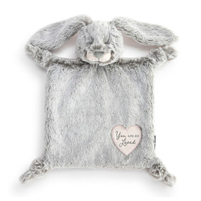 A gray plush blankie with a gray and light pink bunny face and floppy ears. The blankie has a heart shaped light pink fabric patch that reads "You are so Loved".