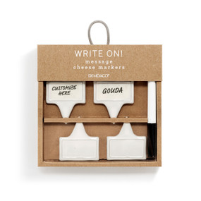 A set of four white ceramic cheese labels that come with a black write on marker, displayed in a packaging box.