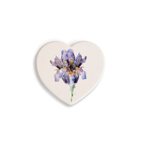 A set of four heart shaped white ceramic coasters with a watercolor image of a purple iris.
