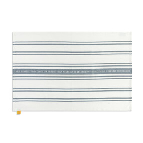 A cream and gray striped kitchen towel. The middle stripe says "Help Yourself To Seconds (Or Thirds)".