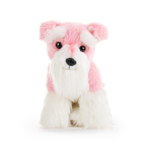 A pink and white plush schnauzer dog.