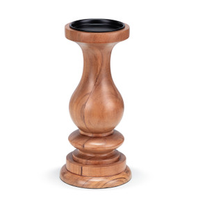 A large wood pillar candle holder.