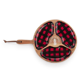 A divided round wood plate with a handle and says "The More. The Merrier" in the center. The plate portions are red and black plaid.