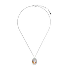 A silver chain necklace with an oval silver tree and mustard seed charm.