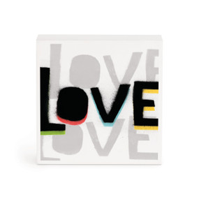 A small white box artwork of the word "Love" three times with the one in the middle in black.