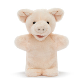 A plush hand puppet of a light pink pig.