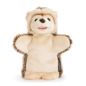 A plush hand puppet of a cream and brown hedgehog.
