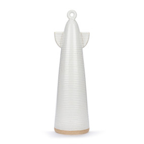 A large white ceramic figure symbolizing an angel with small wings and a tan textured base.
