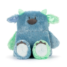 A blue plush cute monster with green accents meant to cuddle and calm.