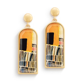 A pair of gold earrings with a vertical rectangle of orange and brown abstract artwork inspired by ArtLifting artist Cheryl Kinderknecht.