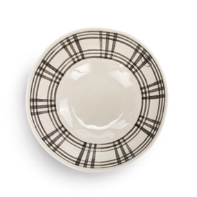 Top down view of a large white plastic bowl with a black plaid pattern around the inner rim.