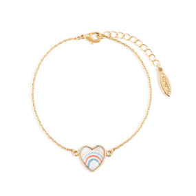 An adjustable gold chain bracelet with a heart shaped charm with an image of a rainbow inside.