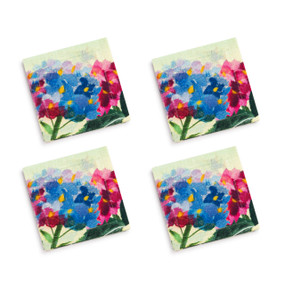 A set of four light green cocktail napkins with blue and pink hydrangea flowers.