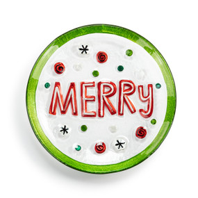 A mini round glass plate that says "Merry" with red, white and green dots and a green rim.