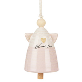 A small pink and cream ceramic angel shaped bell with small wings and a wood bead for the head. The saying "Blessed Mom" is under a heart at the center.