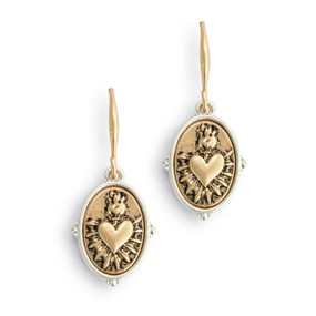Gold oval sacred heart earrings with a silver border.