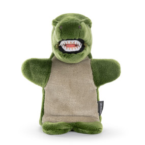 A plush hand puppet of a green t-rex dinosaur with a tan chest.