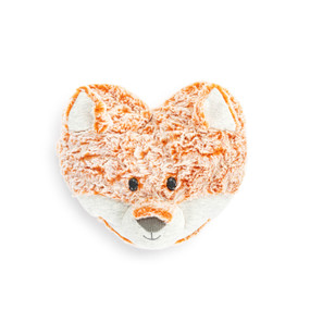 A heart shaped weighted pillow with the face and ears of a fox. The pillow is plush orange with heather fabric for the ears and face.