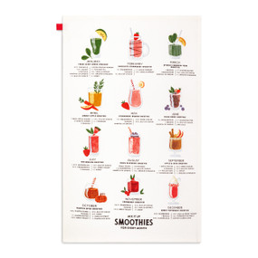 A white kitchen towel with colorful illustrations and recipes for a different smoothie every month of the year.