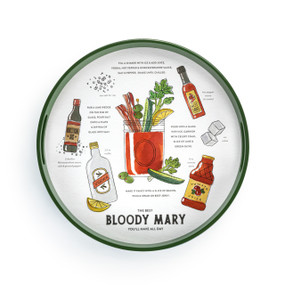 A round dark green tray with side handles. The interior has illustrations and instructions for a bloody mary recipe.