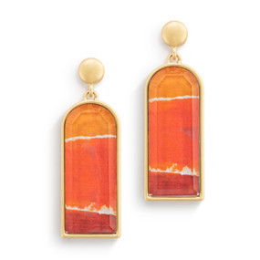 A pair of gold earrings with a vertical rectangle of orange abstract artwork inspired by ArtLifting artist Christina Constantine.
