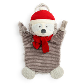 A gray and cream sloth teether buddy wearing a red scarf and stocking hat. The teether has a stroller ring at the top.