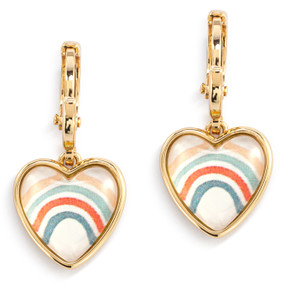 A pair of gold dangling earrings with a heart shaped charm with an illustrated rainbow inside.