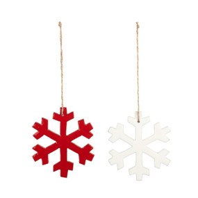A set of two wood painted snowflake ornaments, one is red and the other is white.