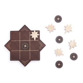 A dark wood star shaped tic tac toe board with dark round star pieces and light wood star shaped pieces.