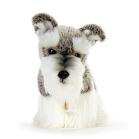 A white and gray plush Schnauzer standing up.