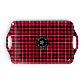 A red and black plaid rectangular tray with handles and a black circle in the middle that has a white snowflake and says "Season's Eatings".