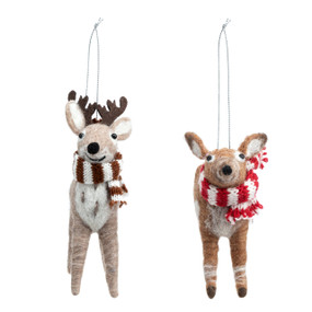 A set of felted deer ornaments, a male and female, each wearing a knit scarf.