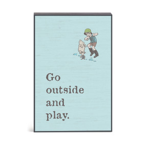 A blue wall art with an illustration of Pooh, Christopher Robin and Piglet with the saying "Go outside and play".