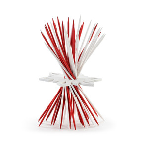 A set of red and white pick up sticks held together by a white snowflake.