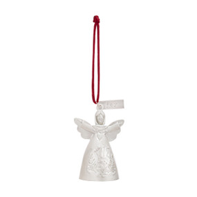 A mini white bell ornament shaped like an angel with her arms spread wide. There is a tag at the top with the word "Joy".