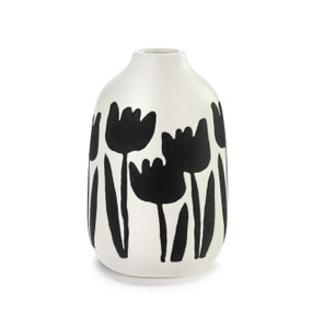 A white ceramic bud vase with bold black tulips around the outside.