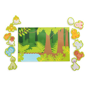 A two sided bath playmat in a dinosaur theme. There are individual pieces of different dinosaurs you would find in the forest.