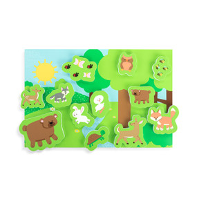 A two sided bath playmat in a forest friends theme. There are individual pieces of different forest animals.